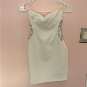 Zara White Cowl Neck Mini Dress with Rhinestone Side Cutouts